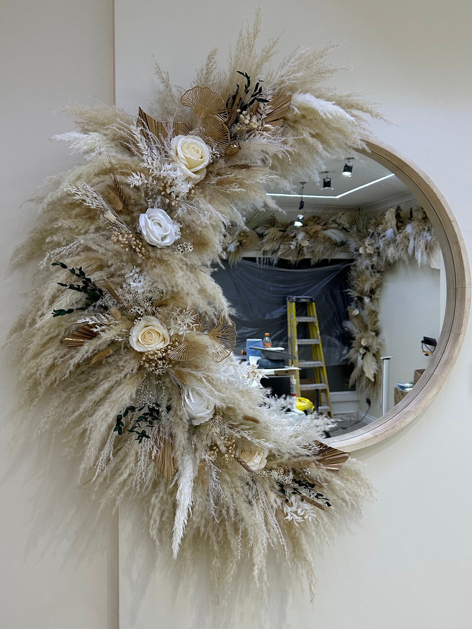 pampas mirror salon wall decor dried flower mirror installation
