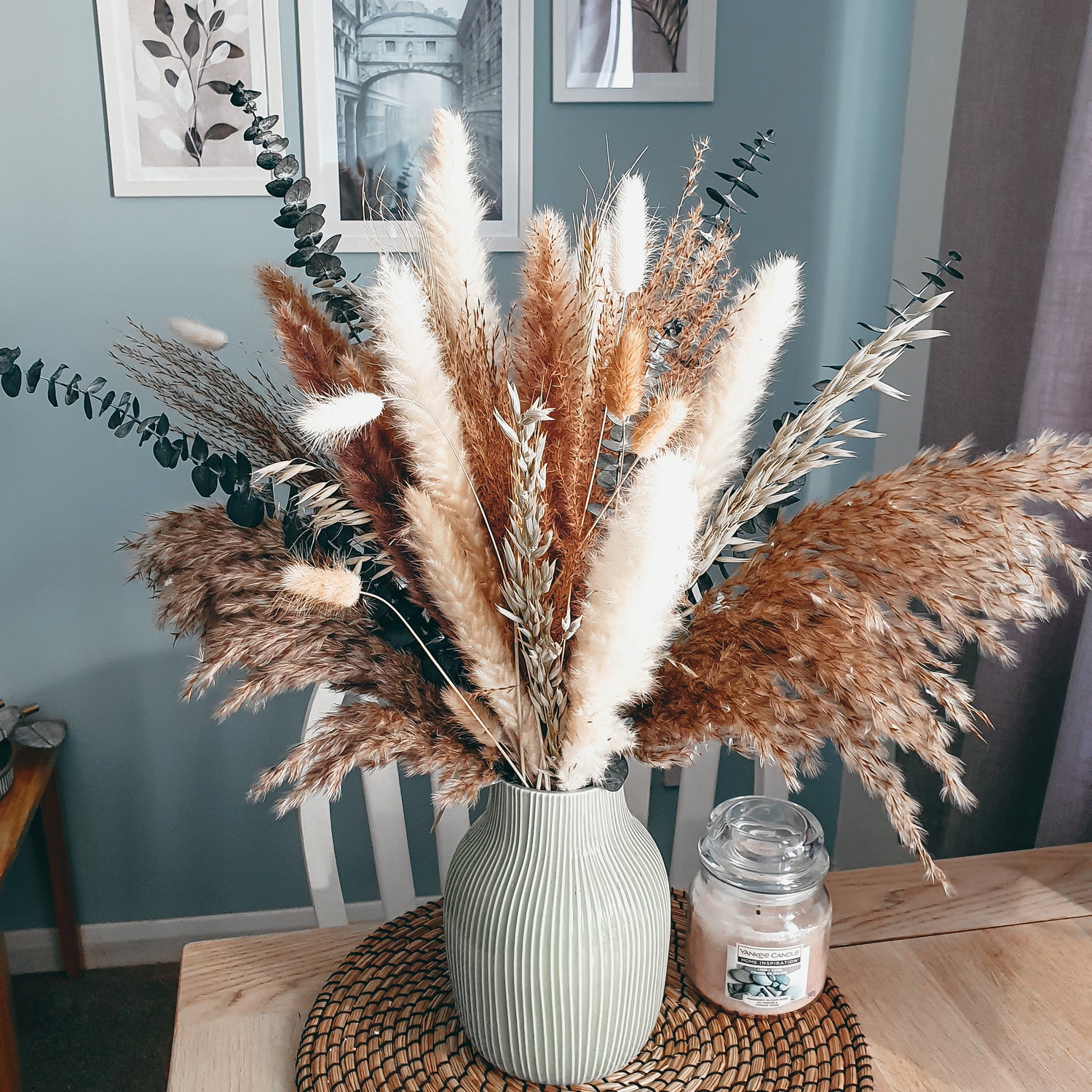 preserved eucalyptus dried flower bouquet with pampas grass, bunny tails, dried wheat for boho home decor by Opal Lily
